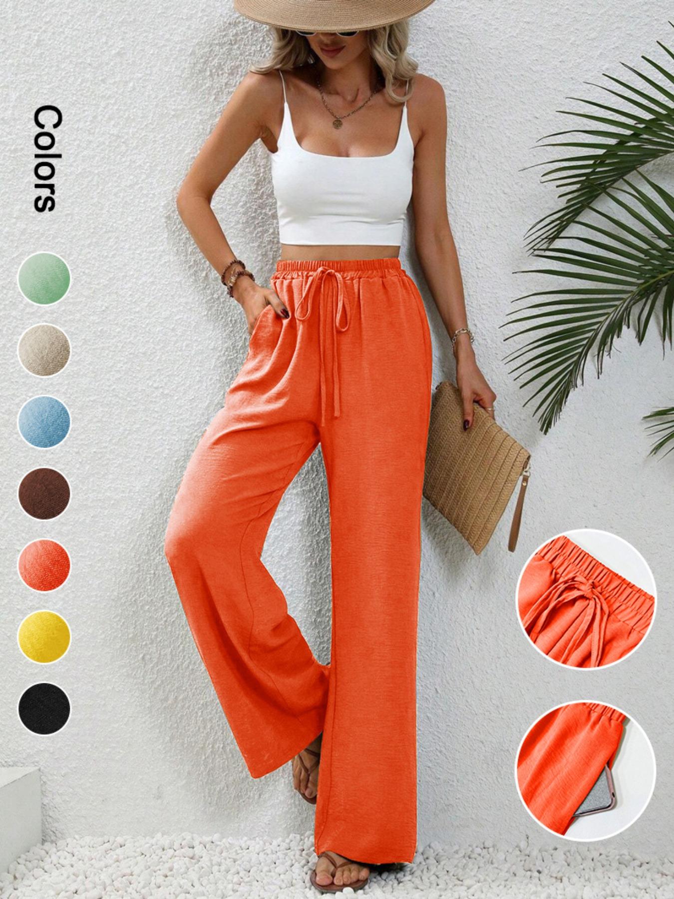 Women's Plain Pocket Tie Front Adjustable Elastic Waist Straight Leg Pants, Casual High Waist Wide Leg Trousers for Daily Wear, Ladies Bottoms for All Seasons, Baggy Pants