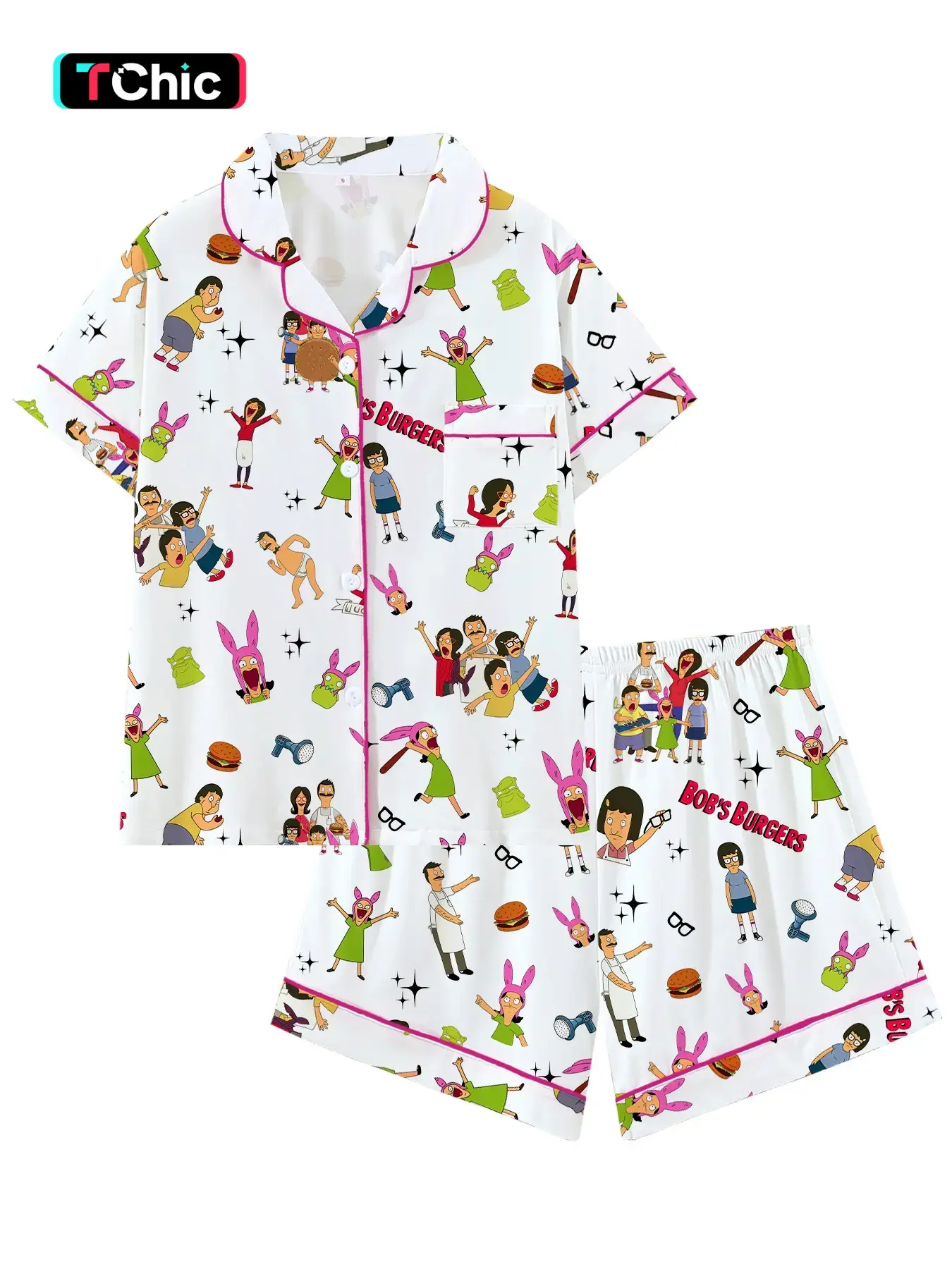Bobs Burgers Burger Collar Short Sleeve Shorts Pajama Set, Pajama Lounge Sets, Pajamas Sets, Loose Loungewear Womenswear Sleepwear