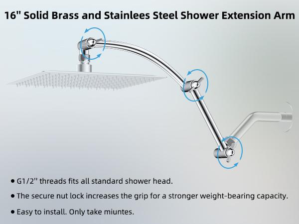 Hibbent All Metal 16'' Shower Head Extension Arm Solid Brass Flexible Height & Angle Adjustable Shower Arm Extender with Lock Joint, Universal Connection Stainless Steel Pipe Height Extending, Chrome