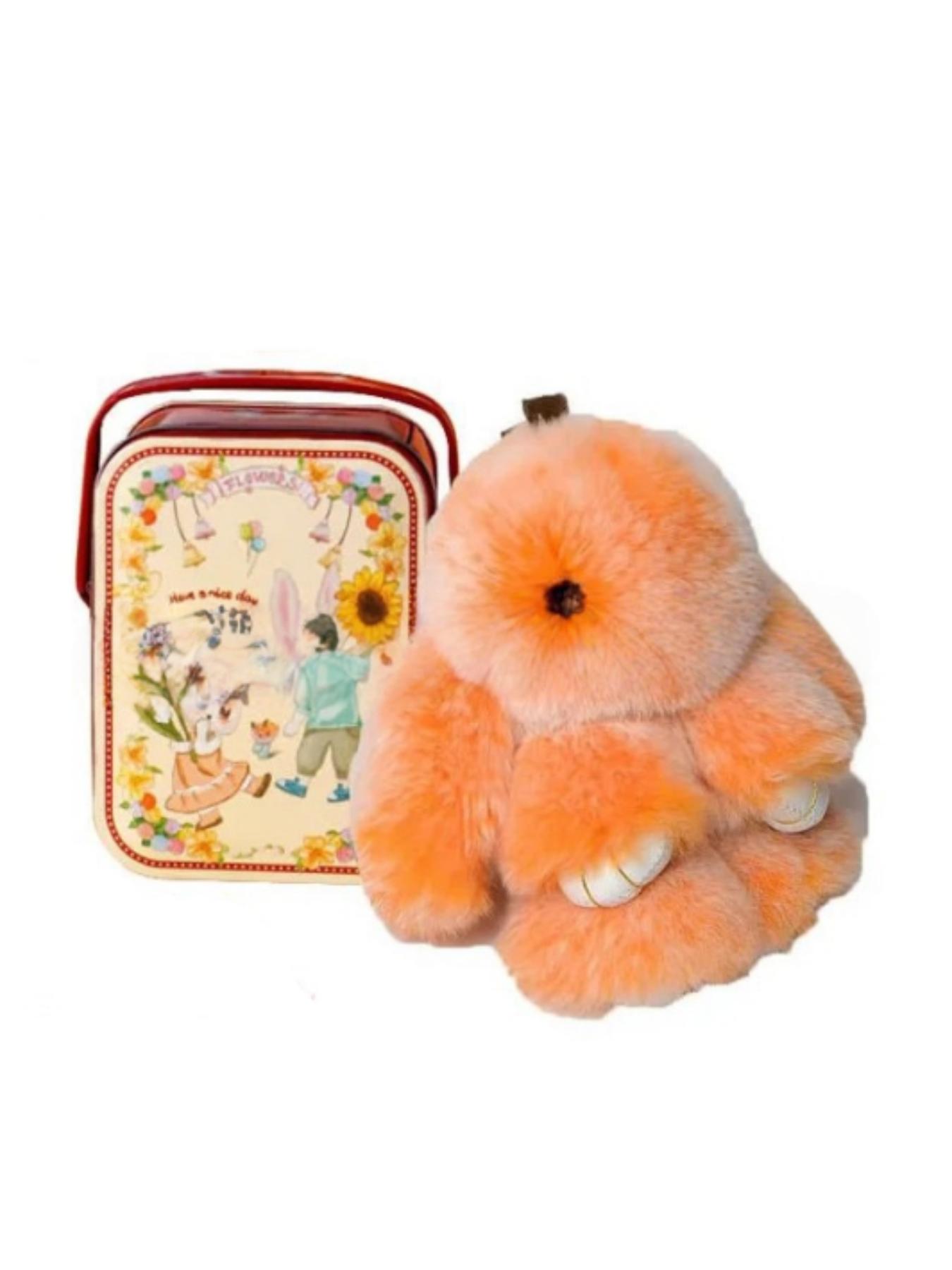 Handmade Rabbit Keychain with Design Tin Box, Creative Gift for Girls, Soft Fuzzy Bunny Pendant, Travel Accessory, Birthday Present