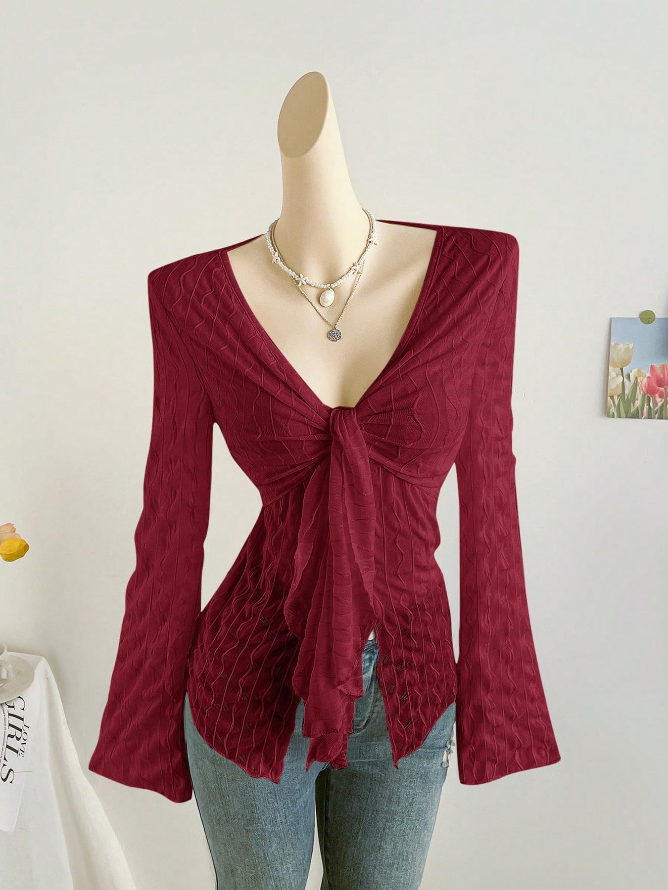 Women's Cute Sexy Button Tie Lace Top, Summer Woven Thin Fabric Loose Fit Blouse, Casual Fashionable Ladies' Clothing