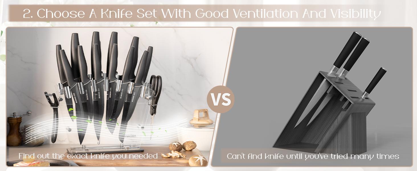 Astercook 22-Piece Knife Set with Block, German Steel, Chef & Steak Knives, Scissors, Sharpener & Peeler – Dishwasher Safe. Kitchen Kitchenware Kitchen Blade Stainless Traditional Wooden