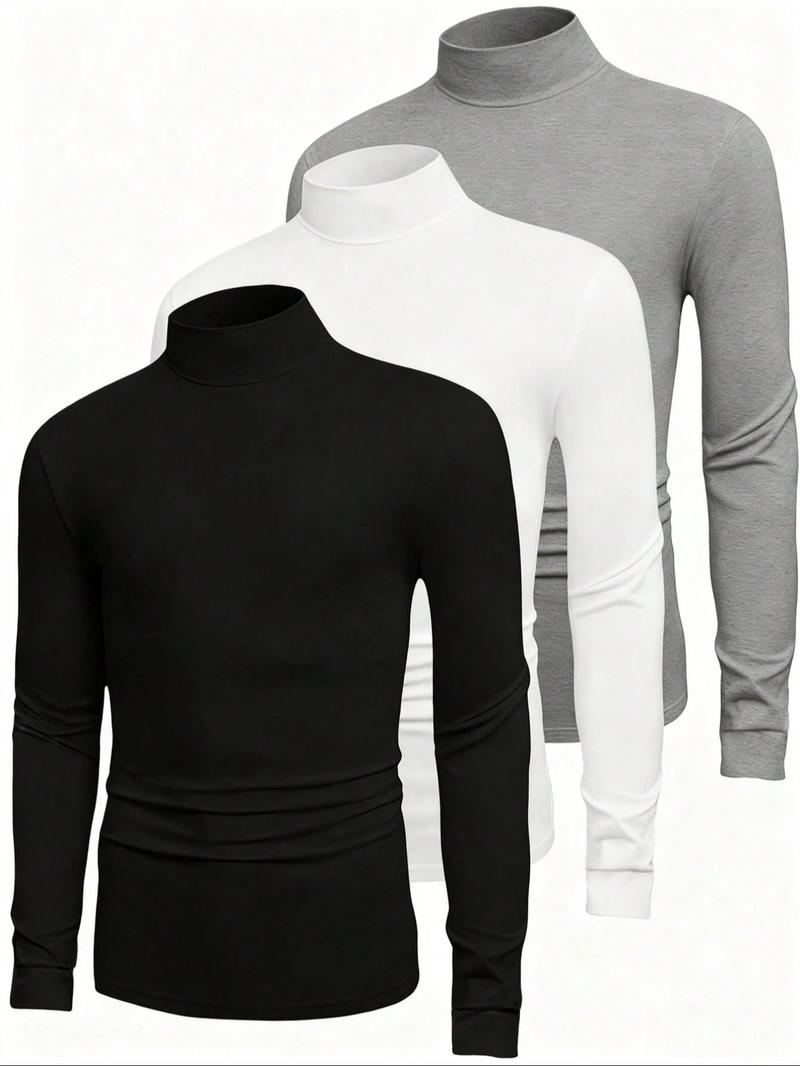 3 Pcs Men's Solid High Neck Long Sleeve Casual T-Shirt, Mens Spring&Fall Base Shirt, Men Turtleneck, Mock Neck Men, Casual Tops Men