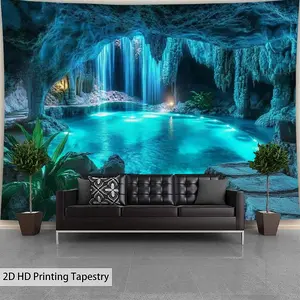 Blue Hole Waterfall Backdrop Scenic Cave Lake Theme Tapestry Wall Hanging Photography Background for Spa Decor Wedding Party Relaxation Space Event Supplies