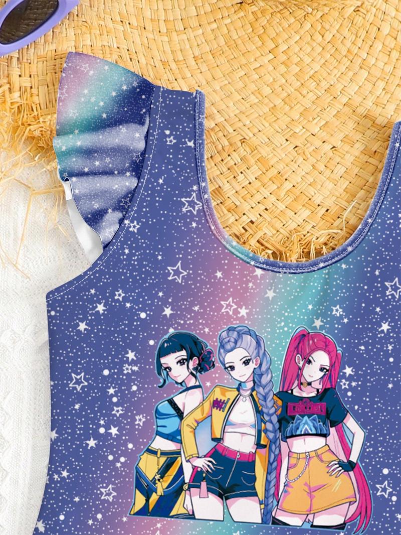 K-Pop Hunter Swimwear, Kpop Demon Hunters Beach Sweetheart Exclusive Swimsuit, Starry Gradient & Girl Group Print, Ruffle Trim Swimsuit, Fashionable Halter Two-Piece Bikini