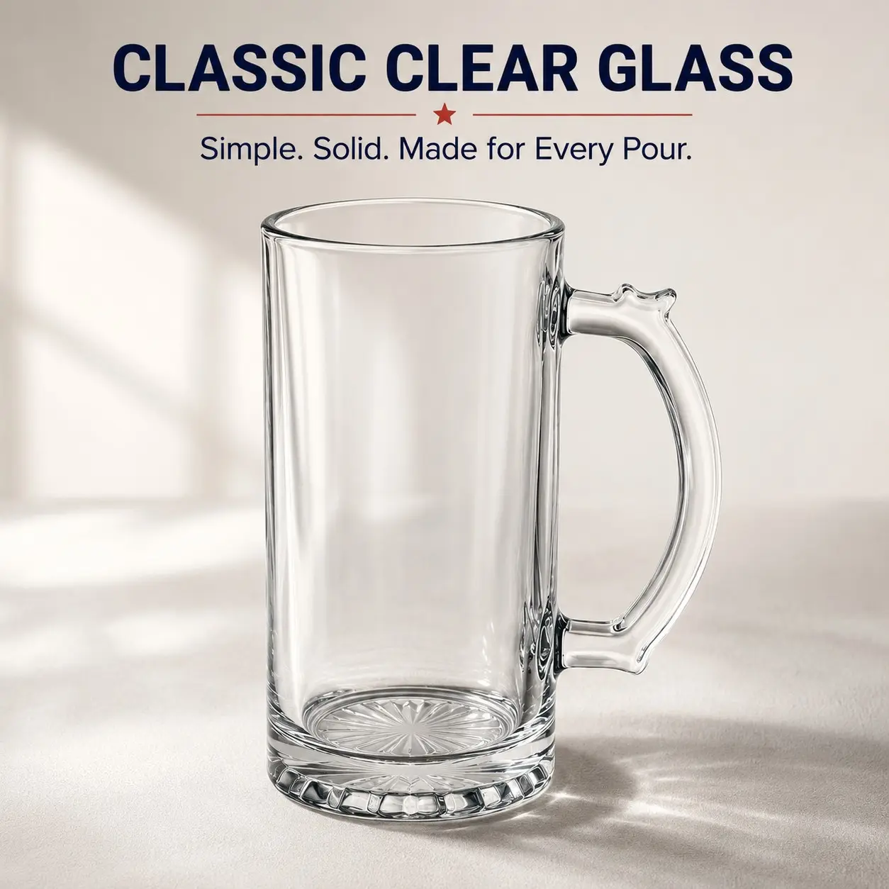 Premium Glass Mug with Heavy Base, Clear Drinking Cup with Large Handle for Coffee, Beer, Juice & Everyday Beverages