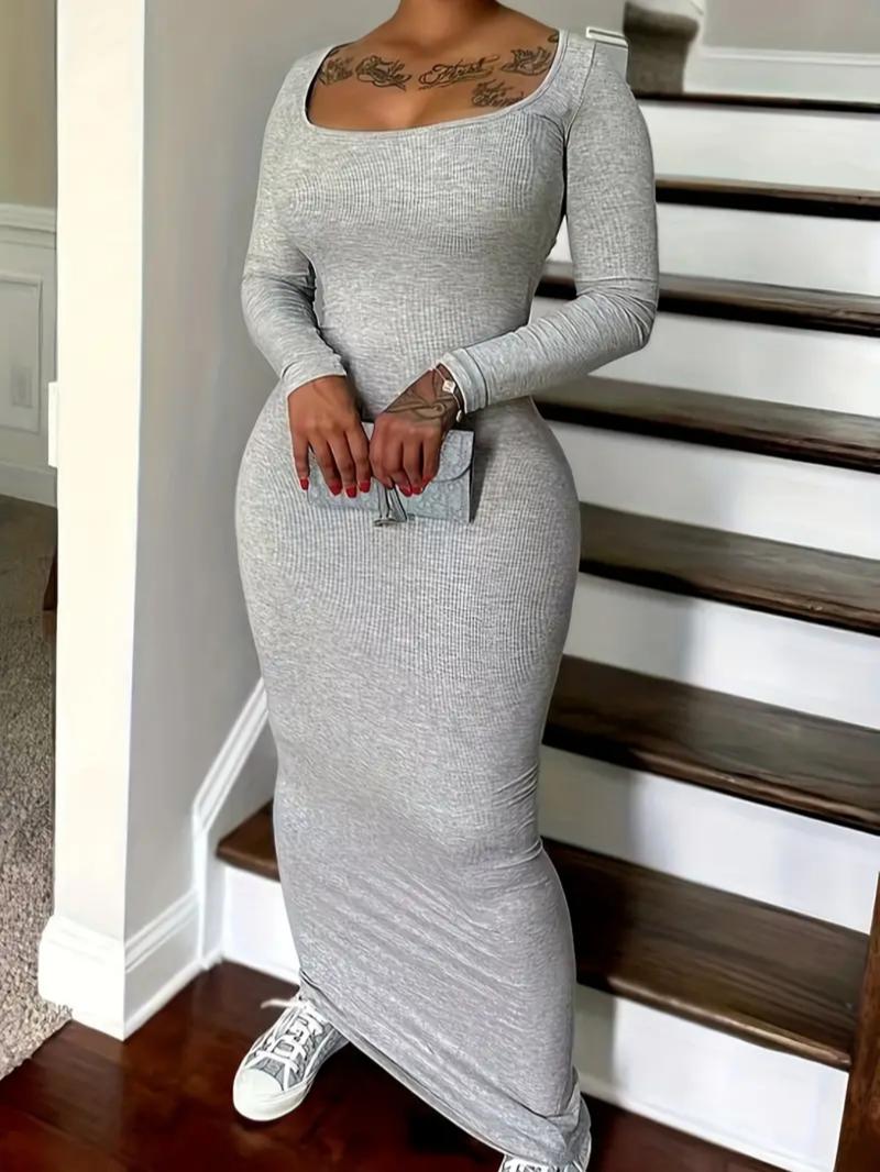 Women's Casual Tight-Fitting Dress, Low Neckline, bodycon dress，Plain Color, Spring & Fall Fashion, Moderate Fabric Thickness, Kint Style