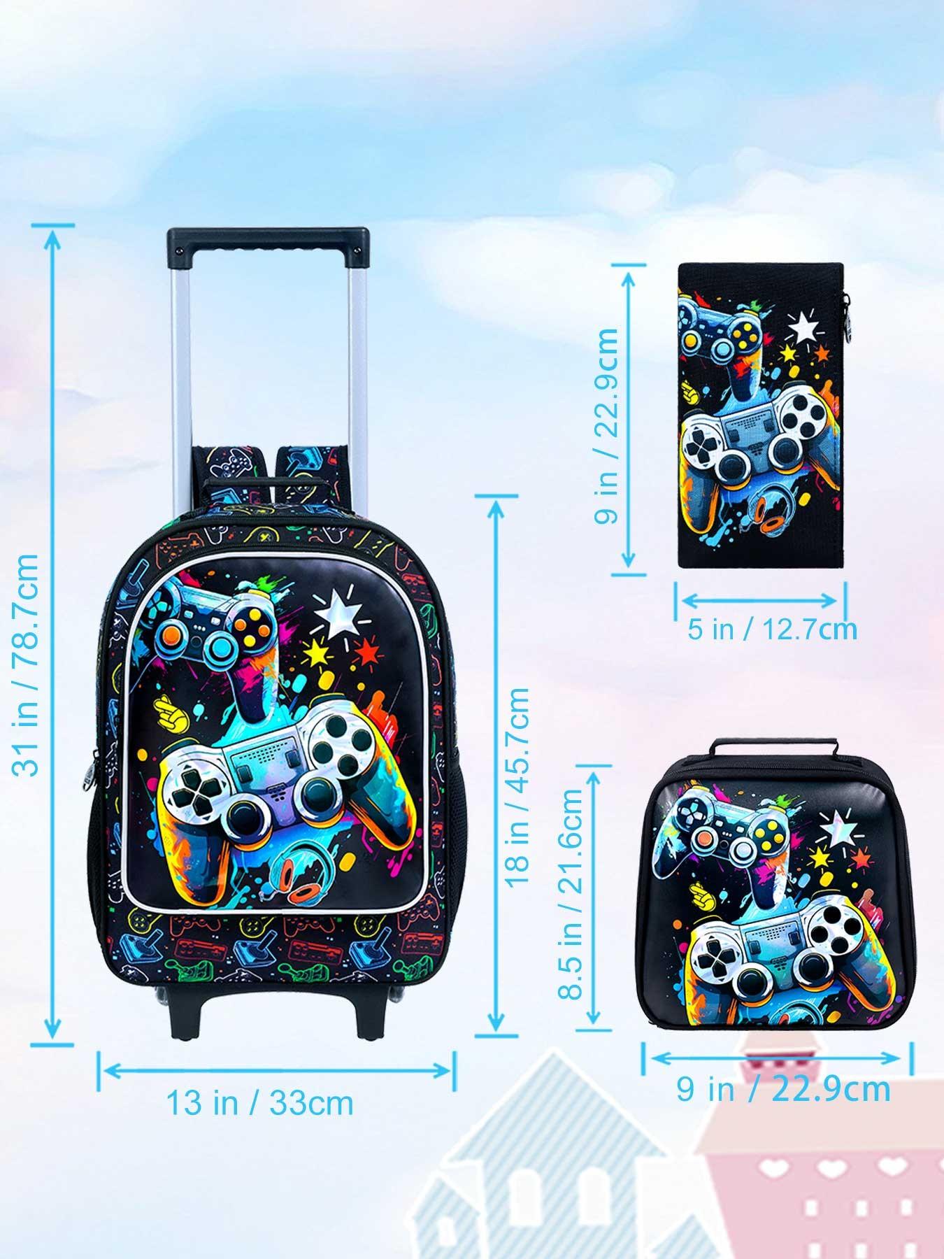 Three-Piece Wheel Backpack Set, Wheeled Elementary School Bag and Lunch Bag, Rolling Backpack for Boys and Girls, School Backpacks, Funny Bag, All Season Use