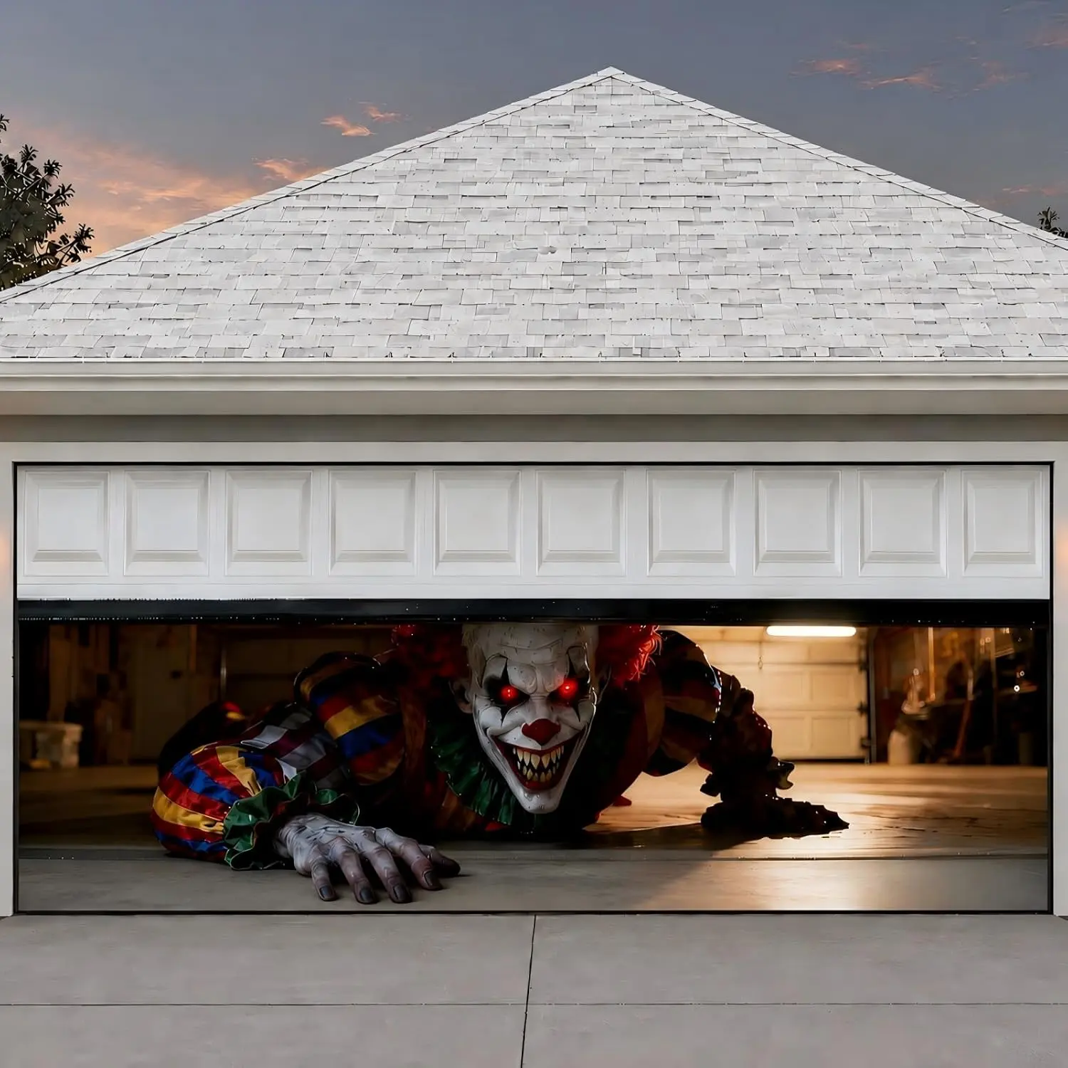 Halloween Garage Door Cover 8X7 Ft/16X7 FT, Creepy Clown Crawling Out Garage Door Decoration, Full Size Double Garage Door Banner for Outdoor Halloween Decor Home Yard Party