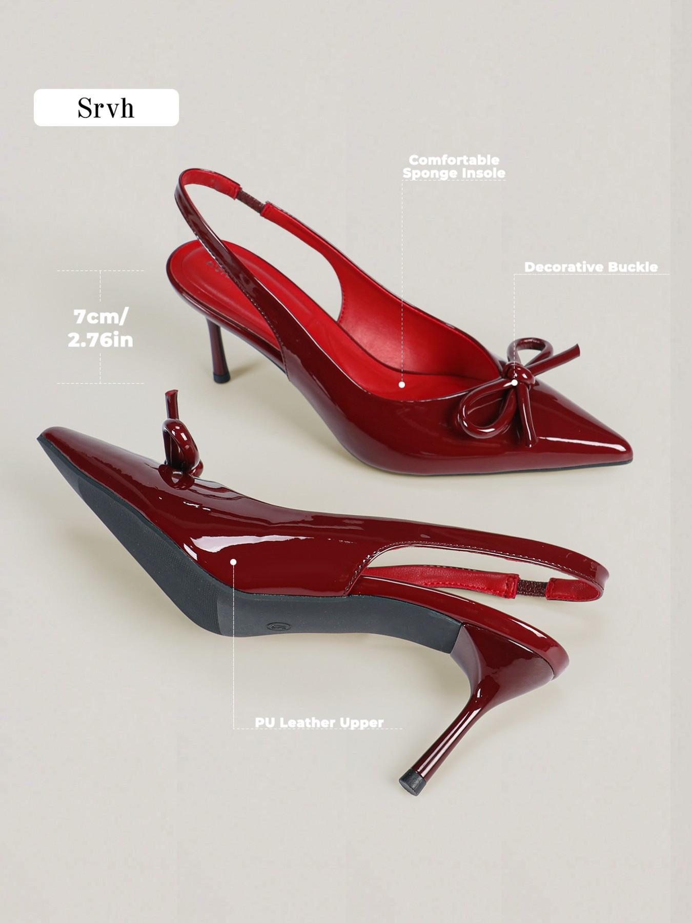 Women's Bow Pointed Toe Slingback Pumps, Glossy Patent Leather Stiletto Heels, French Vintage Day-to-Night Dress Shoes for Work, Valentine's Day, Dates, Parties & Proms