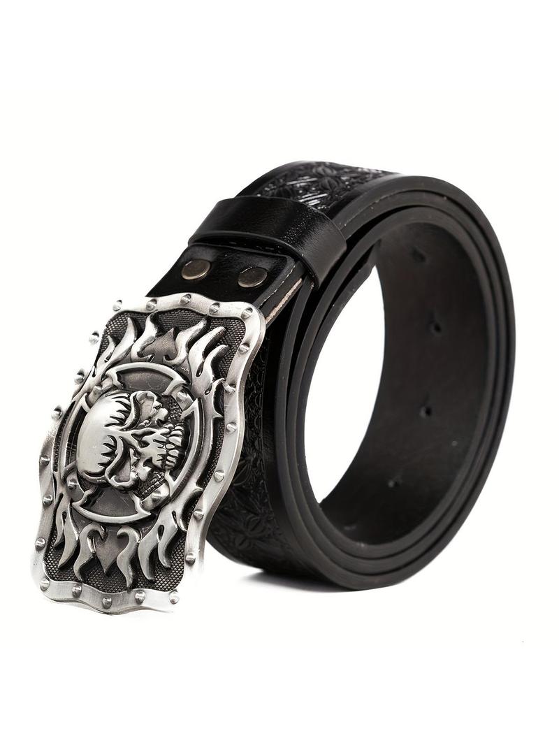 Cool Western Cowboy Flame Skull Belt, Vintage Gothic Casual Streetwear, Stylish Punk Fashion Pants Belt for Men