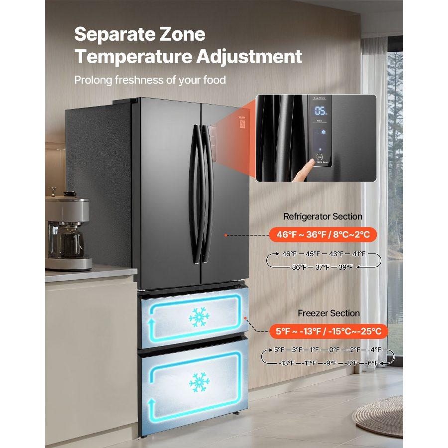 VEVOR Full-Sized French Door Refrigerator, 18.9 Cu. Ft. Counter Depth No Frost Freezer-On-Bottom Fridge, LED Display, 4 Casters, Black for Home Use