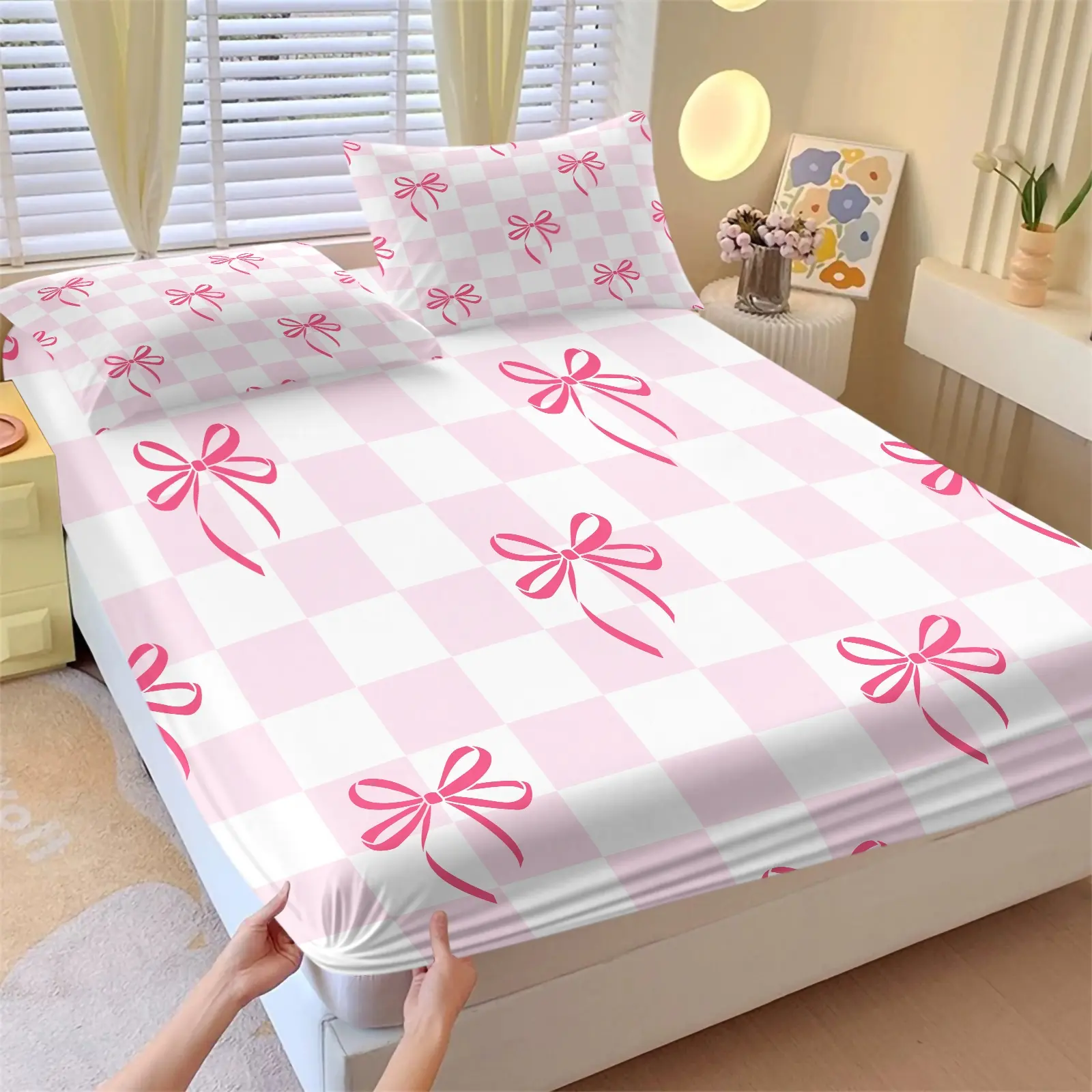Pink White Checkered Bow Fitted Sheet Set, 1 Fitted Sheet & 2 Pillowcases, Coquette Aesthetic Grid Bow Print Bedding Set, Elastic Deep Pocket Mattress Cover, Soft Skin Friendly All Season Bedding Decor For Girls Bedroom
