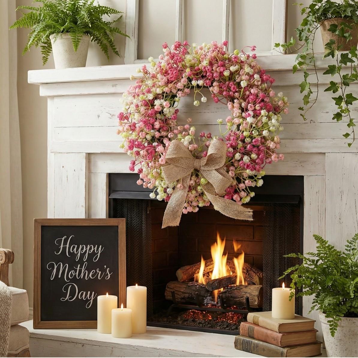 1PC Spring Pink & White Berry Wreath with Burlap Bow, 30cm Artificial Floral Door Wreath for Home Wall Decor, Mother's Day & Easter Photo Props