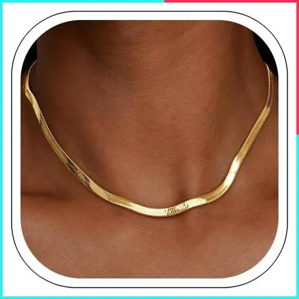 Silver/18K Gold Plated Herringbone Necklace for Women, 3mm 4mm 5mm Flat Snake Chain, 16 18 20 22 24 Inch