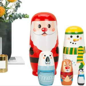 Christmas Cartoon Animal Nesting Dolls Wooden Russian Doll Handmade Stacking Toy Set 5 Pieces for Kids, Educational and Fun Play