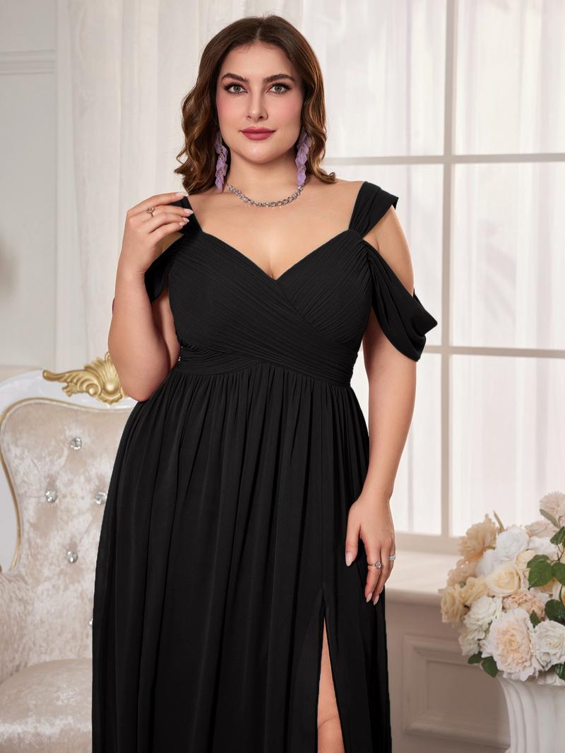 Elegant V Neck Backless Ruched Waist Chiffon Dress, High Slit Bridesmaid Gown, Pure Color Flowy A-Line, Perfect for Weddings