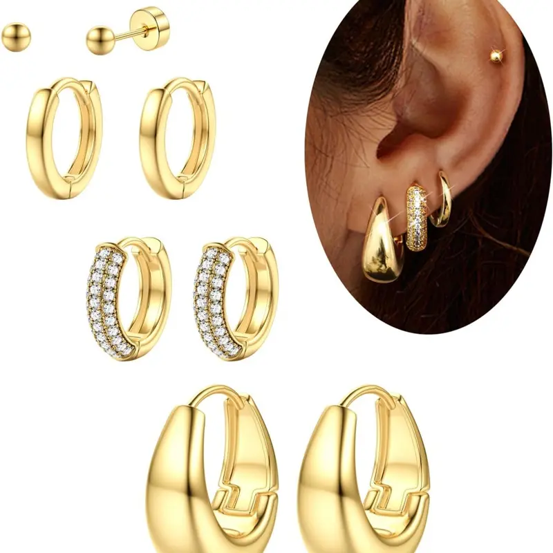 Small Chunky Gold Hoop Earrings for Women Stud Earrings Jewelry Hypoallergenic - Gold Silver Hoop Earring Stacks Non Tarnish 14K Gold Plated Flat Back Huggie Hoop Earring Sets for Multiple Piercing Lightweight 4Pairs