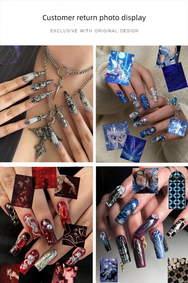 Nail Plus Handmade Retro Geometric Press On Nails, 10PCS Long Almond Acrylic Nails with White Blue Tortoise Shell Design & Gold Bead Rings, Reusable Nude Base Minimalist Nail Art Set for Women, Chic DIY Stick On Nails, Salon Quality