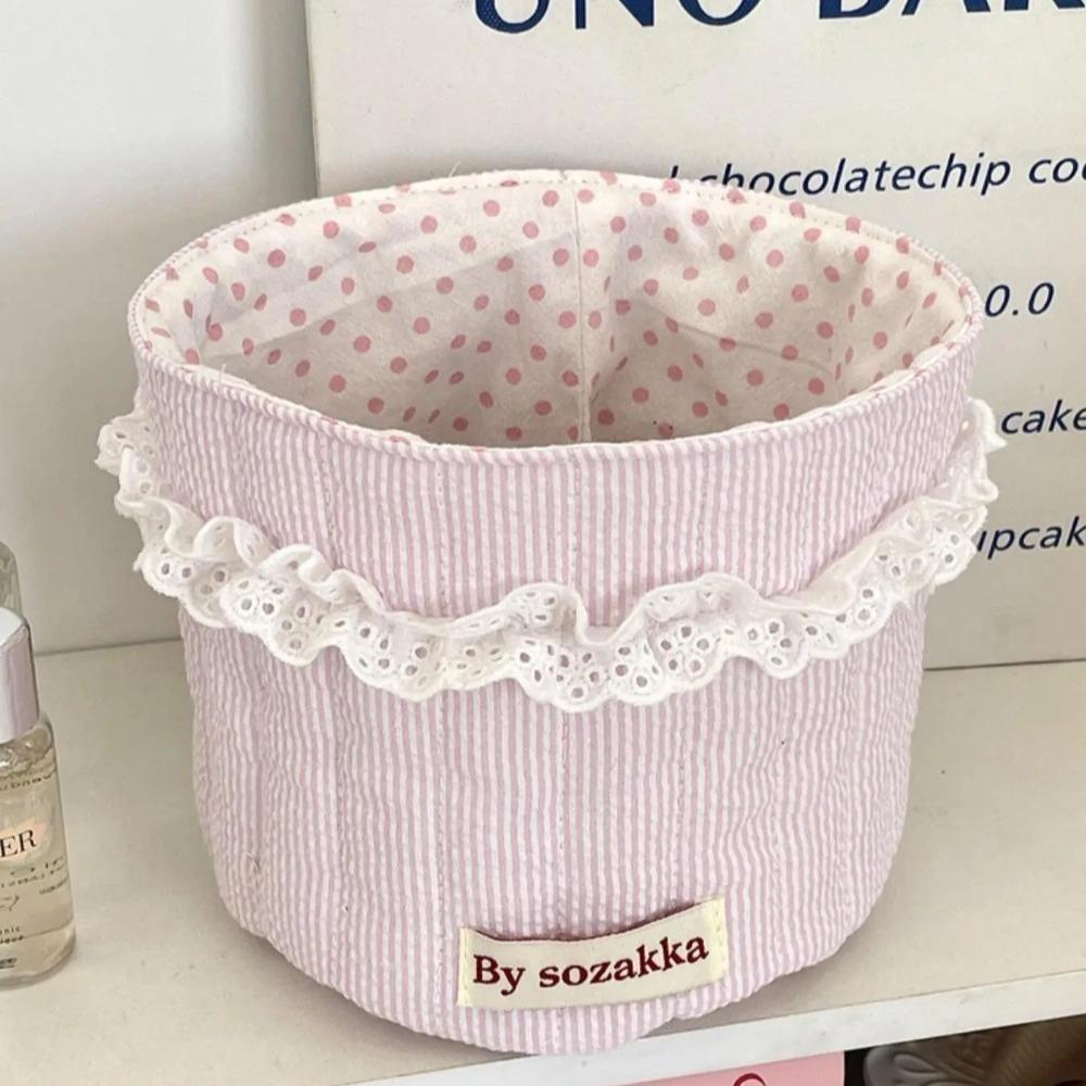 Cute Quilted Makeup Cosmetics Storage Basket, Scalloped Baskets, Multifunctional Large Capacity, Desktop Organizer for Home Office