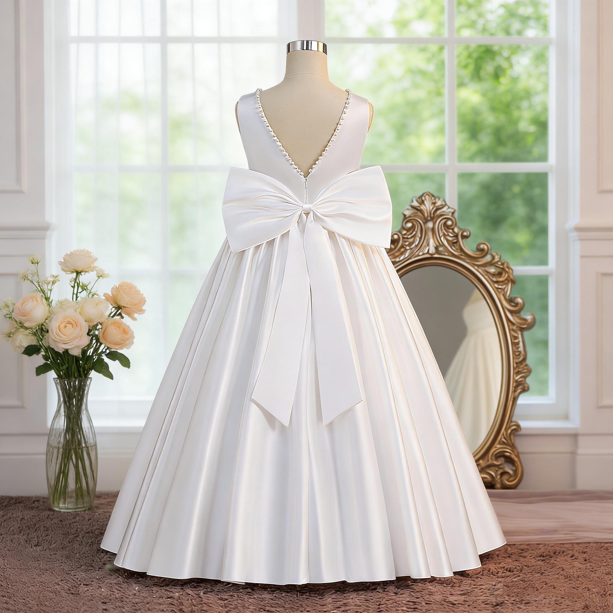 Girls Princess Dress  Bow Beading Ball Gown for Piano Playing Violin Performance Performance Costume Children's Hostess Fashion Show Dress