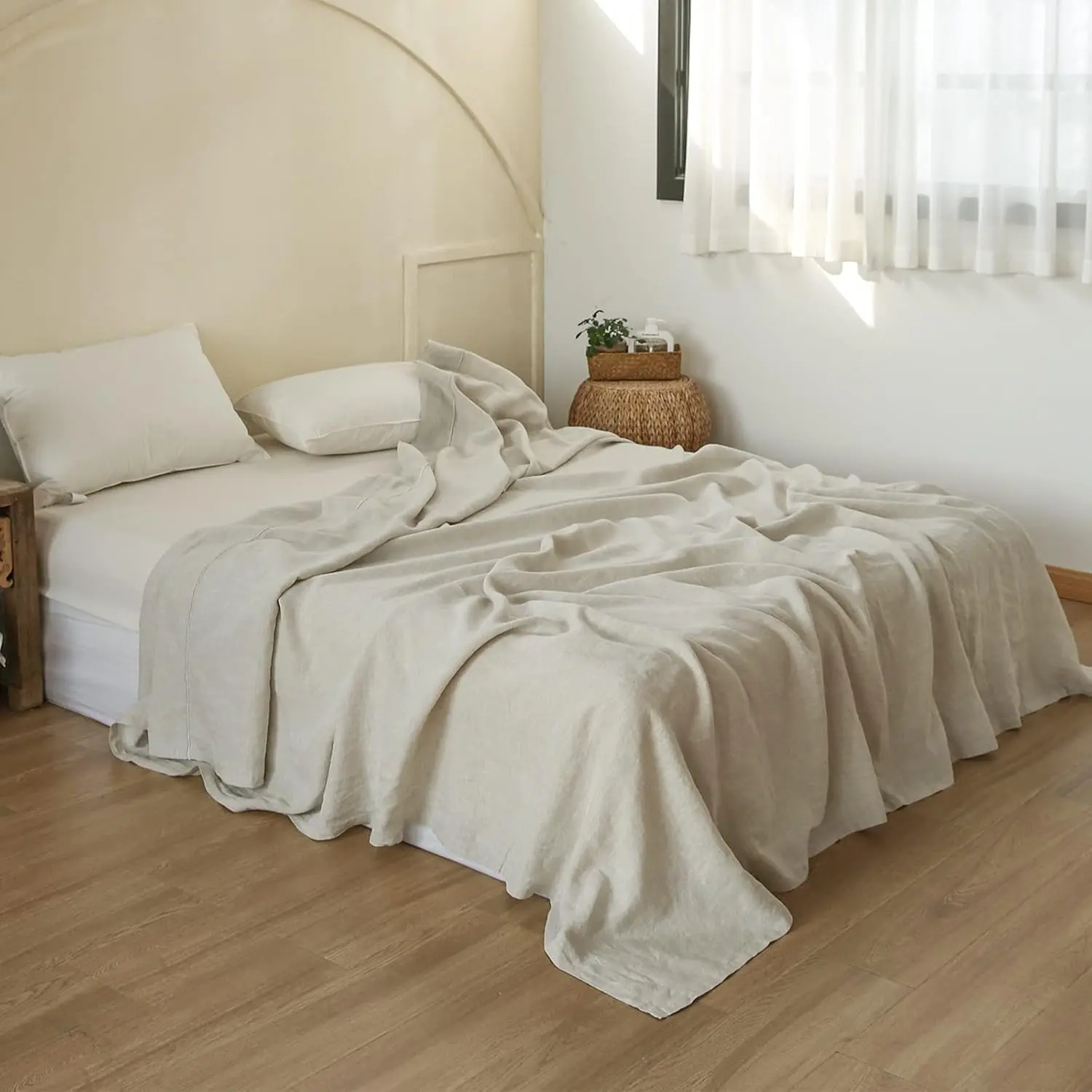 French Linen Flat Sheet with Embroidered Border 100% Stone Washed Flax Bedding, King Size(108''x102'') Ultra Soft Breathable 1 Piece Flat Top Sheet Only(Linen)
