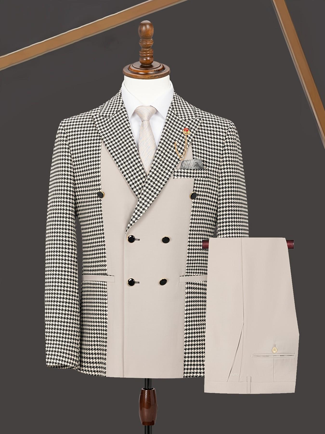 Men's Houndstooth Blazer Suit Set, Double-Breasted Design, Slim Fit, Long Sleeve, Party Wear, All Seasons, No Tie or Lapel Pin Included