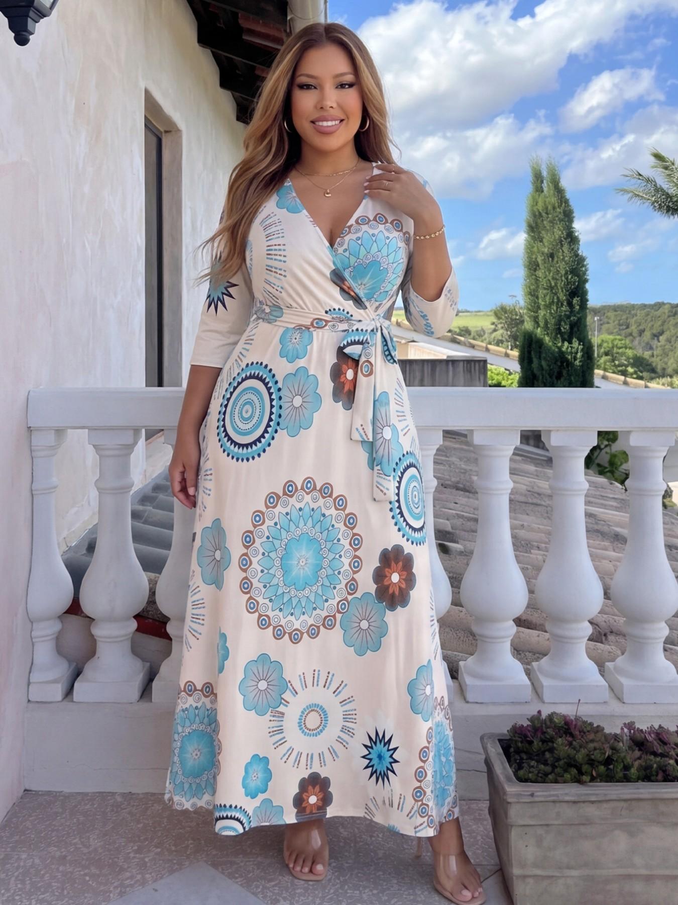 Plus Size Boho Mandala Floral Print Maxi Dress, Deep V Neck 3/4 Sleeve, Wrap Tie Waist, Flowy Adjustable Casual Dress, Multiple Colors Available