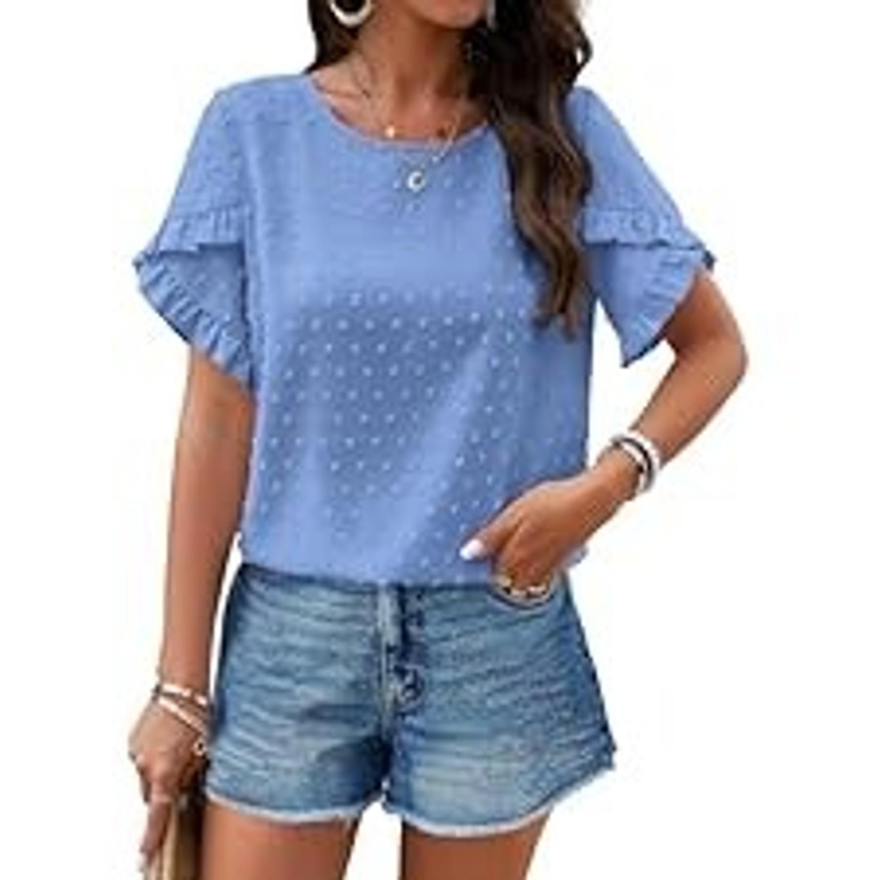 Women's 2026 Summer Ruffle Short Sleeve Crewneck Swiss Dots Solid Loose Tunic Work Blouses(Gift)