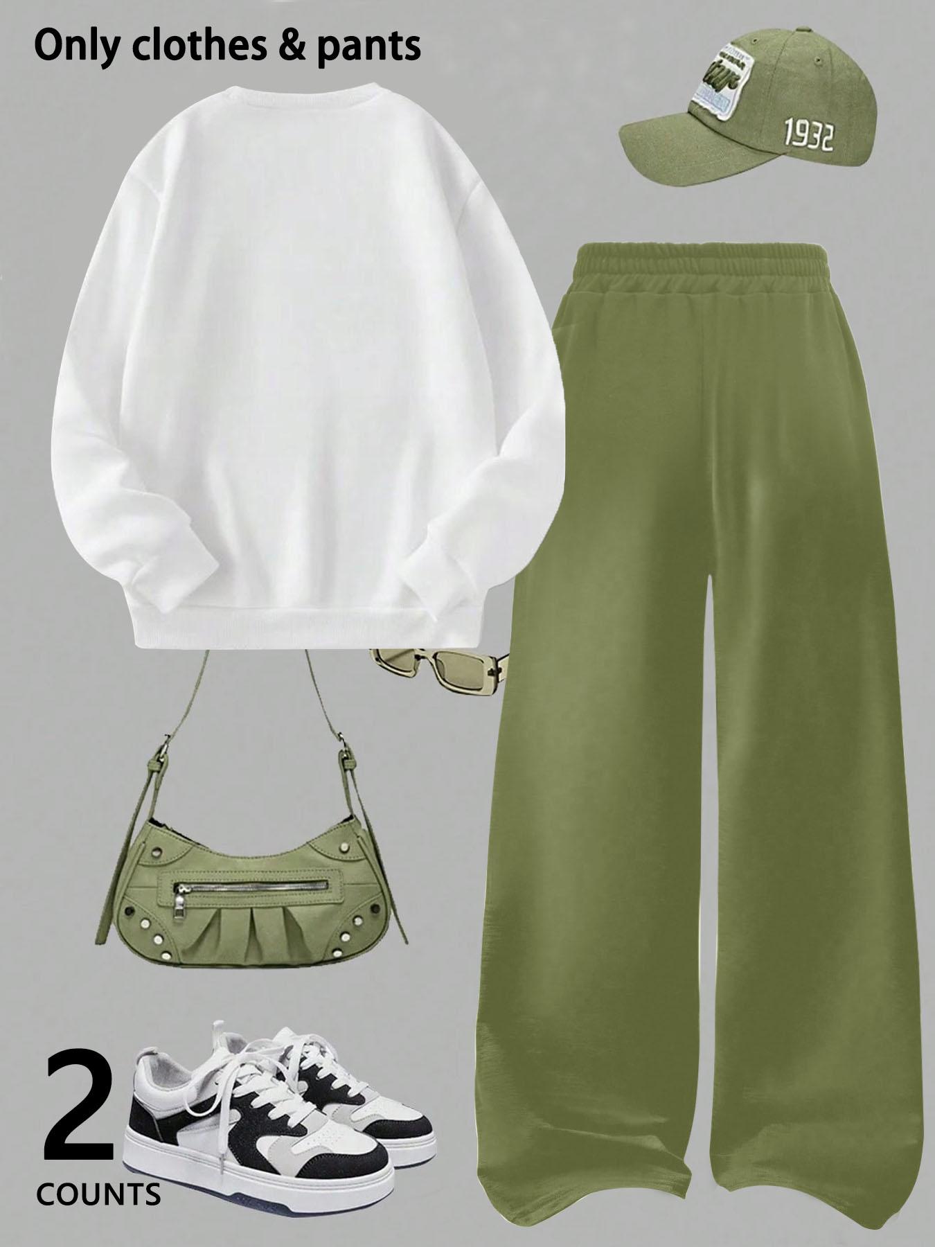 Girls' casual cool Graphic pattern print round neck pullover sweatshirt top and loose casual wide-leg pants, military green fashion dress, suitable for daily and going out Girls' casual cool Graphic pattern print round neck pullover sweatshirt top and loose casual wide-leg pants, military green fashion dress, suitable for daily and going out