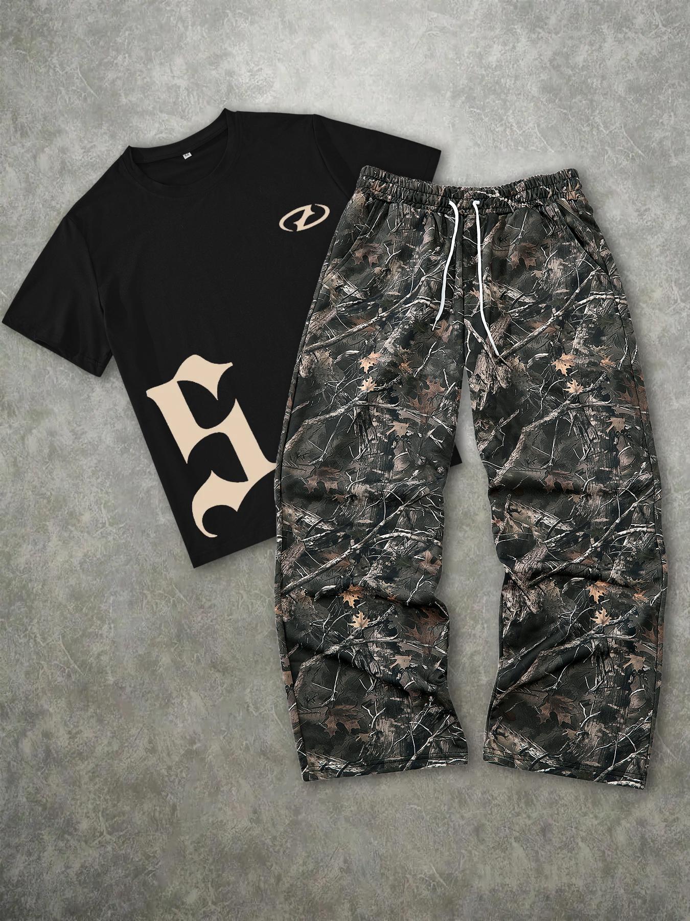 Men's Fashion Streetwear Street Casual Vintage Camouflage Oversized 2-Piece Set, Menswear Letter Print Graphic Short Sleeve T-Shirt & Leaf Camo Wide Leg Pants, Loose Fit Outdoor Adventure Clothes