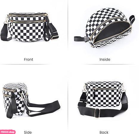 2026 Women Checkered Nylon Fanny Pack Y2K Trendy Crossbody Belt Bag Adjustable Strap Sling Purse Large Capacity Waist Pouch for Outdoor Festival