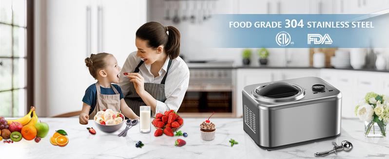 COWSAR 1.6 Quart Automatic Stainless Steels Ice Cream Maker with Built-in Compressor, No Pre-freezing, Fruit Yogurt Machine with LCD Display & Timer, Removable Ice Cream Bowl, Easy Clean