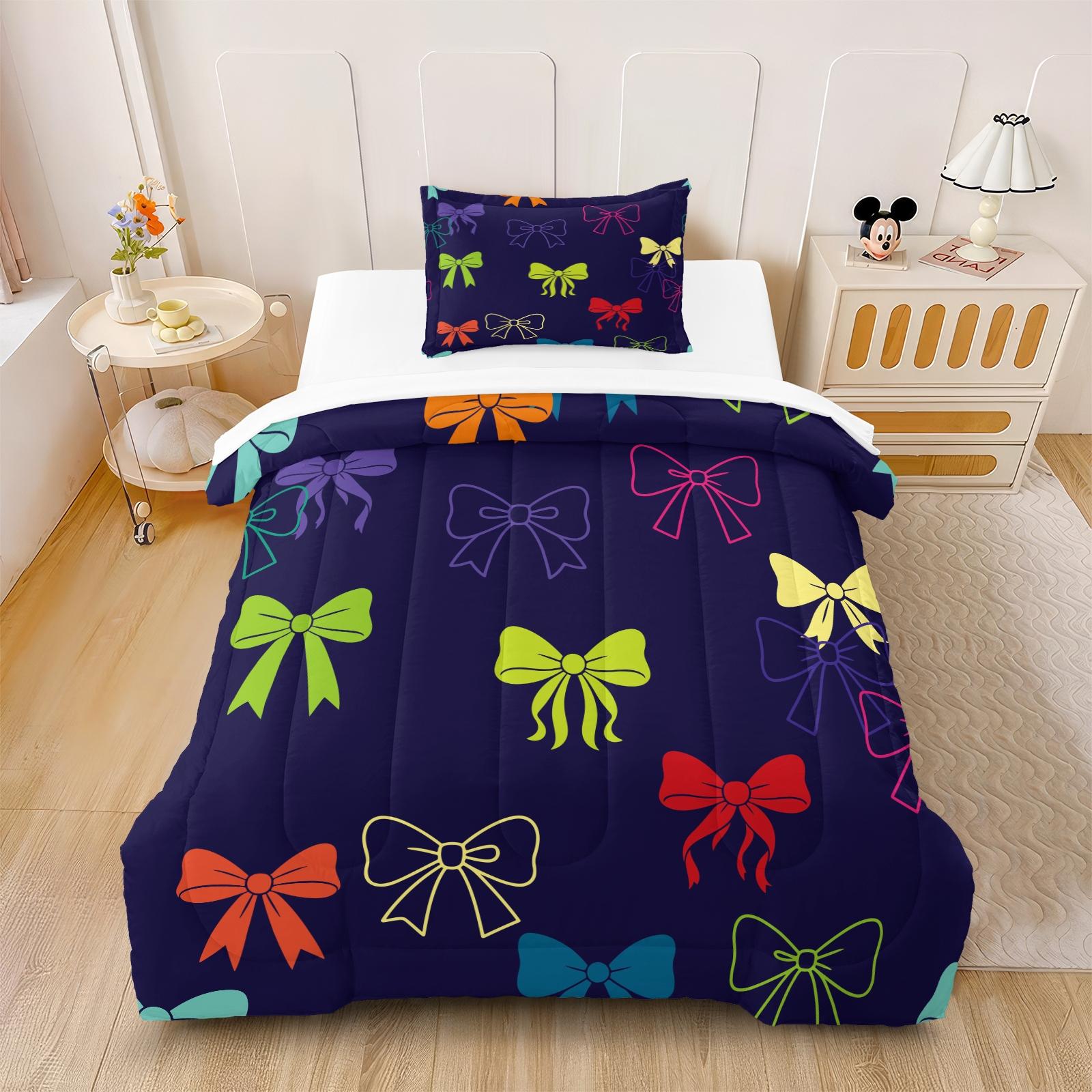 2/3 Pcs Coquette Pink Bow Print Comforter Set, Cute Y2K Aesthetic Bedding Set, Soft Warm Breathable & Fade Resistant Digital Print, Ideal for Girls Bedroom Dorm Guest Room Decor, All Season Use - Without Pillow Insert