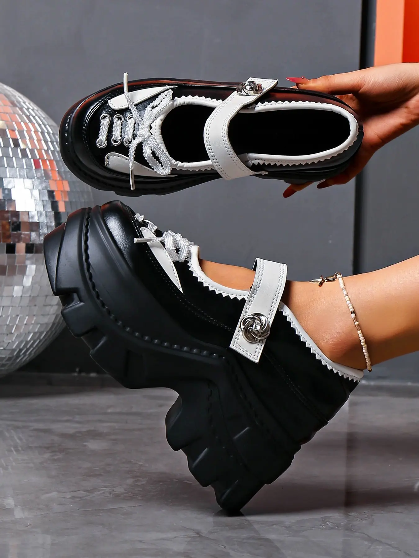Sweet Cool Colorblock Thick Sole Women Mary Jane Shoes, Lace Trim Bow Decor, Y2K Millennium Style, Height-Increasing Casual Leather Shoes