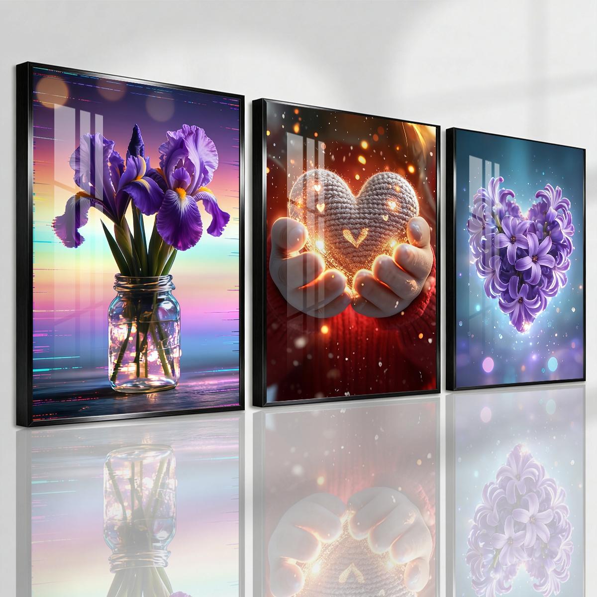 3 Counts Aluminum Alloy Framed Painting, Purple Irises And Glowing Heart Flower Art Pictures, Home Decoration For Living Room, Bedroom, Office, Restaurant, Hallway Wall Decor, Odorless Print Artwork, Luxury Perfect Gift For Friends And Family