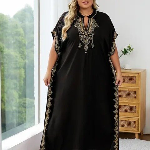 Plus Size Women's Embroidered Maxi Dress, Boho Ethnic Notched Neck Batwing Sleeve Split Caftan, Modest Muslim Summer Gown, Kaftan Dresses, Modest Clothes