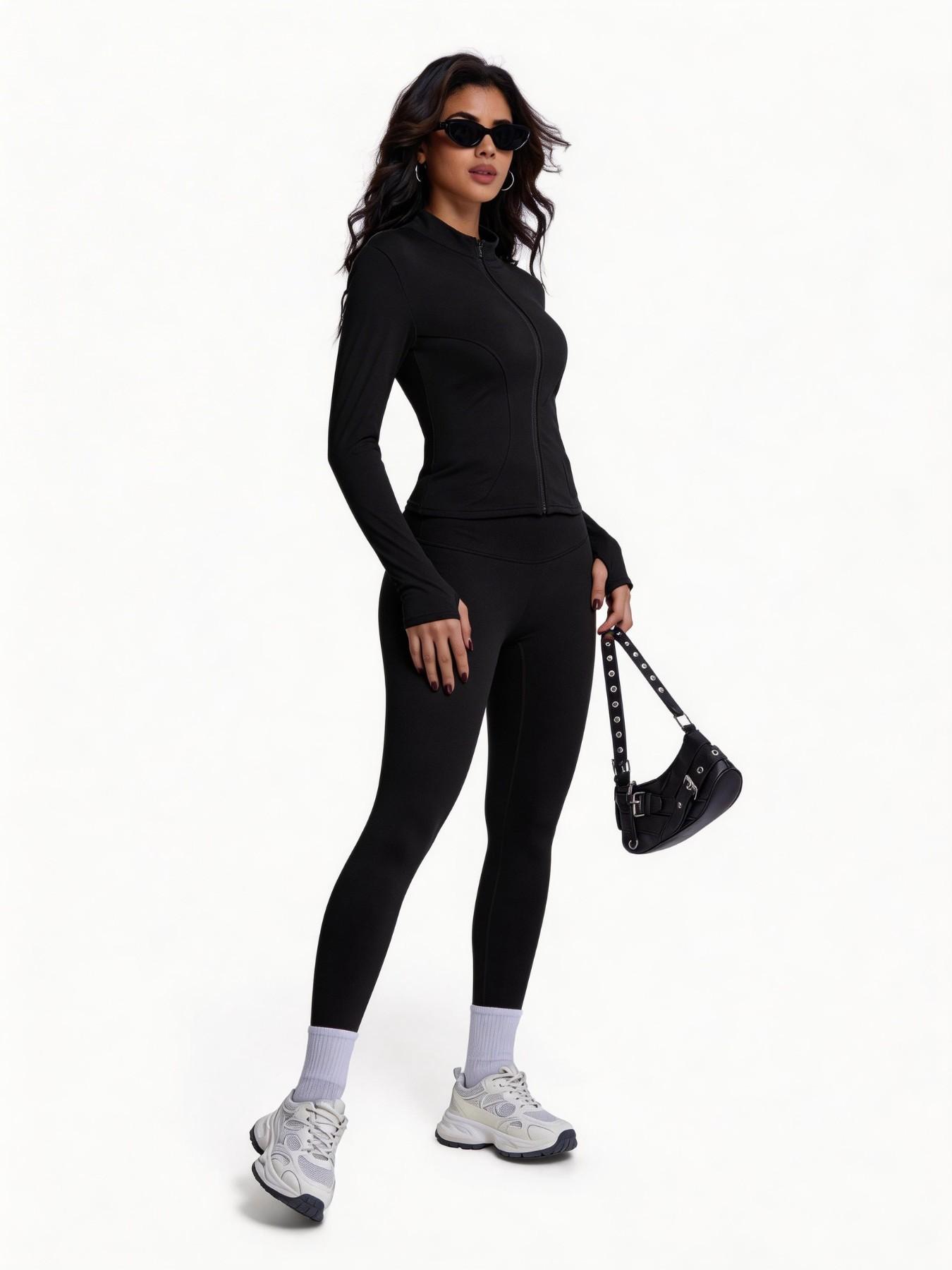 Women's Two-Piece Sport Set, Long Sleeve Zipper Yoga Jacket & High-Waist Tight Pants, Slim Fit, Fall Winter, Gym Running Fitness