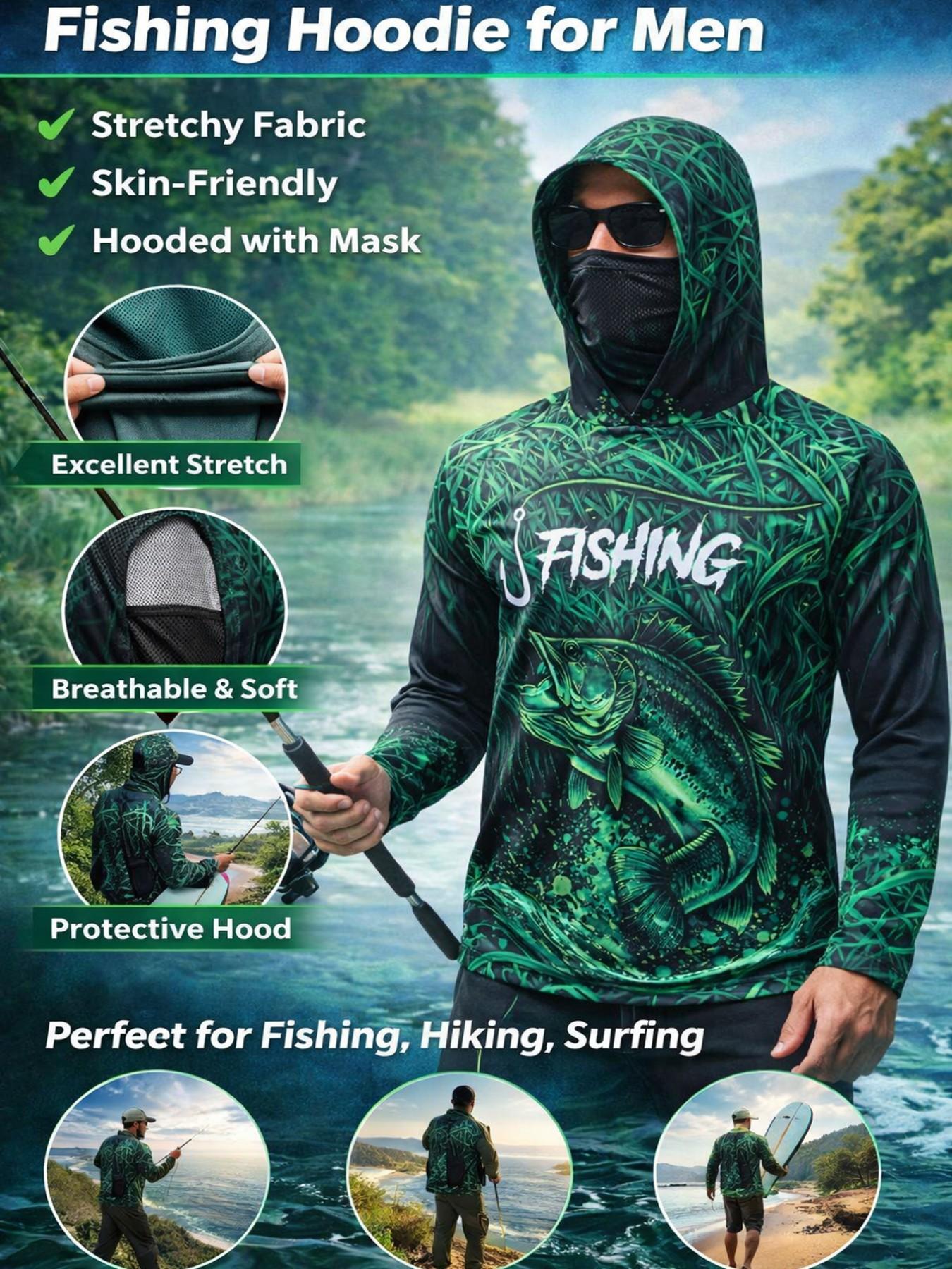 Men's Long Sleeve Hooded Fishing Shirt with Face Mask, Gradient Color Outdoor Fishing Clothing, Sun Protection Fisherman, Breathable Tops Men's Long Sleeve Hooded Fishing Shirt with Face Mask, Gradient Color Outdoor Fishing Clothing, Sun Protection Fisherman, Breathable Tops