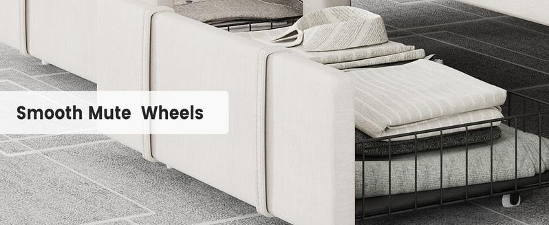 Full Size Bed Frame, Upholstered Platform Bed Frame with Storage Drawers, Mattress Foundation with Solid Wooden Slats Support, No Box Spring Needed, Beige