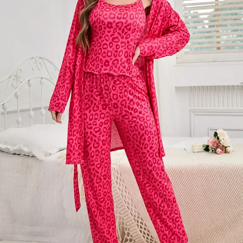 Women's All Over Leopard Print Long Sleeve Pajama Pyjamas Three-Piece Set, Casual Comfy Lounge Nightwear Set for Women, Comfy Loungewear Set for Daily Home Wear, Cozy Loungewear, Leopard Print Pajamas, Pajama Loungewear Pjs Pajamas Sets