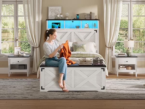 Hasuit Farmhouse Bed Frame Twin Size with Storage Headboard, Charging Station and LED Light, Wooden Twin Bed Frame with Storage Ottoman, Barn Door Design, No Box Spring Needed, No Noise