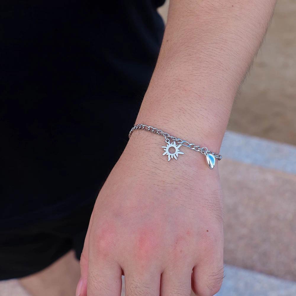 Unisex Charm Bracelets - 2Pcs Stainless Steel Sun Moon Charm Magnetic Link Jewelry, Valentine's Day Gifts, Everyday Use, Wholesale Fashion Accessories for Couples, Unisex Wear
