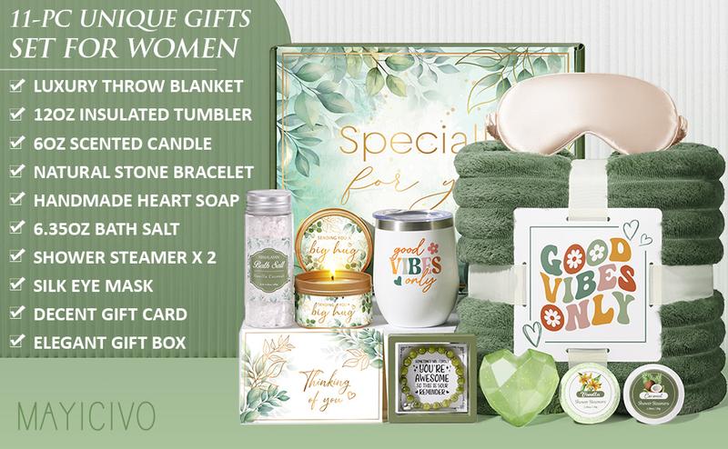 MAYICIVO Relaxing Spa Gift Basket for Women - 11PCS Self Care Set with Blanket Tumbler Candle & More Perfect for Christmas Birthday Mother's Day Valentine's Day