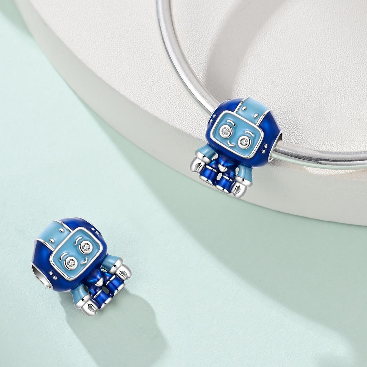 Cute Robot Charm, Blue Enamel & Crystal Eyes, Techy Kawaii Jewelry, Perfect for Pandora Bracelet, Unique Gift Idea