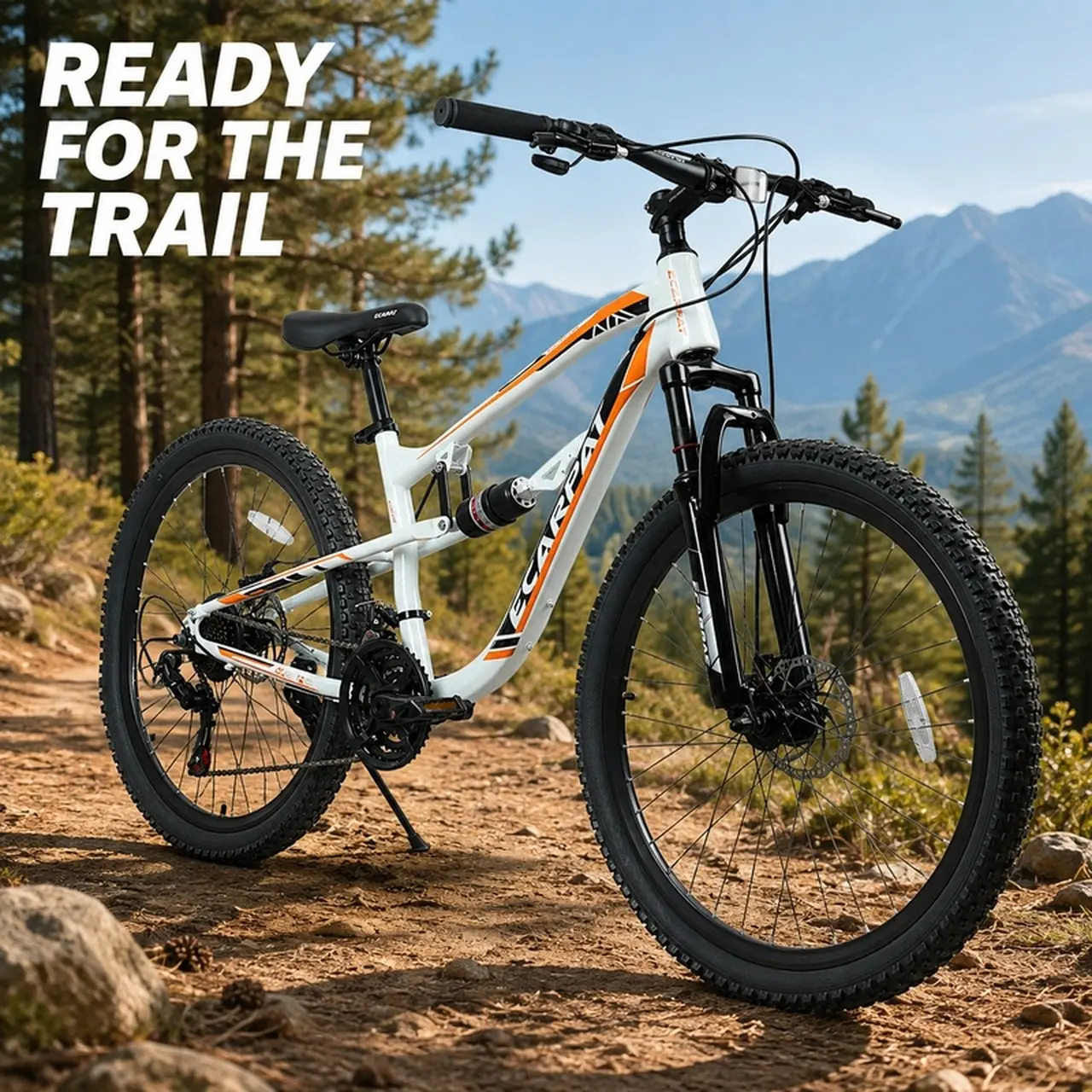 Ecarpat Unisex Teen Full-Suspension Mountain Bike, 24/26-Inch All-Terrain Bicycle, Sturdy Steel Frame, 7-Speed Drivetrain, Dual Disc Brakes, Height-Adjustable Seat, 85% Pre-Assembled for Outdoor Cycling