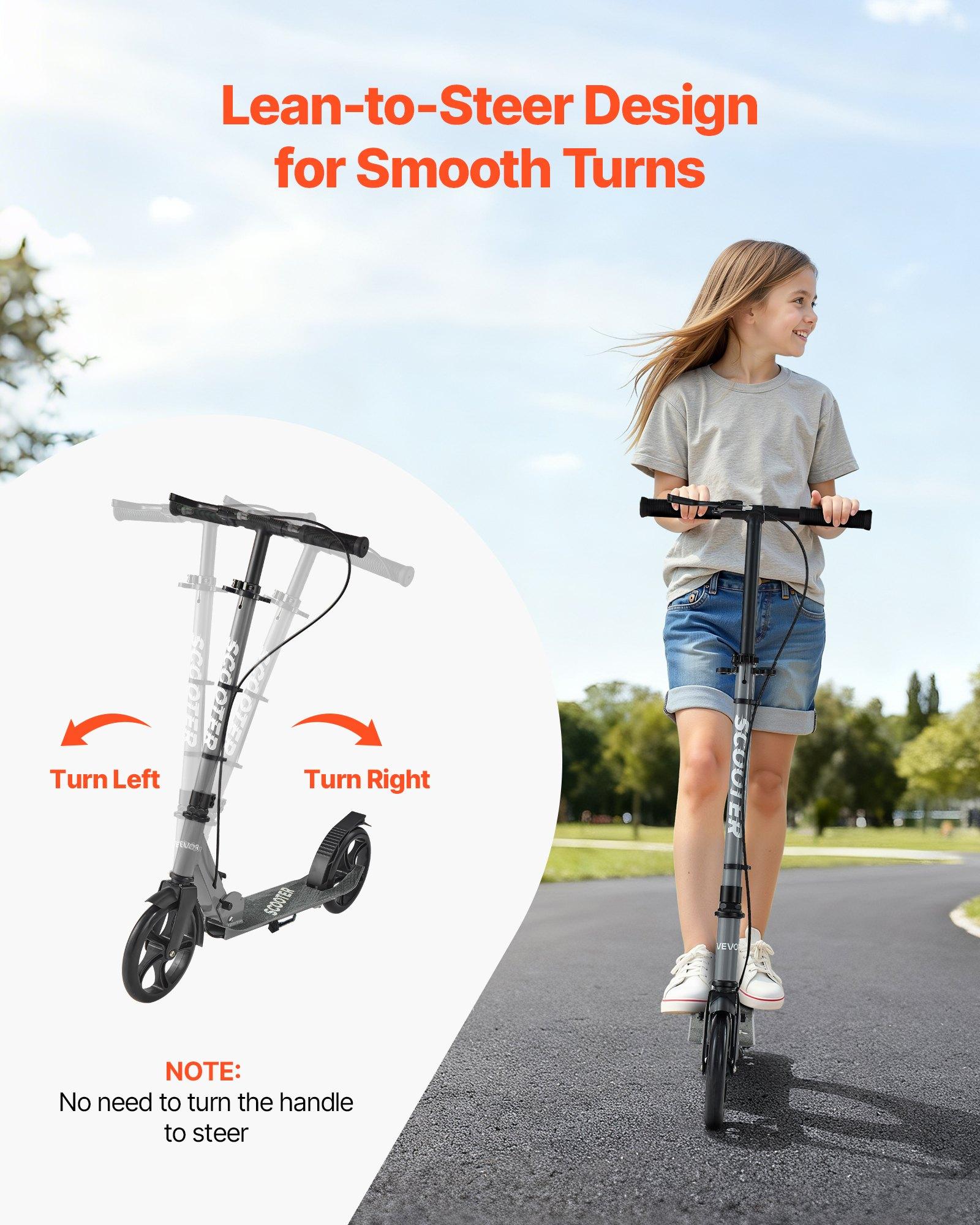 fathersdaygift VEVOR Kick Scooter for Kids Ages 8+, Teens Adults, 2-Wheel Toddler Scooter with Adjustable Height Handlebar, Wide Anti-Slip Deck, Foldable Lightweight Frame for Boys Girls up to 220 lbs, Gray