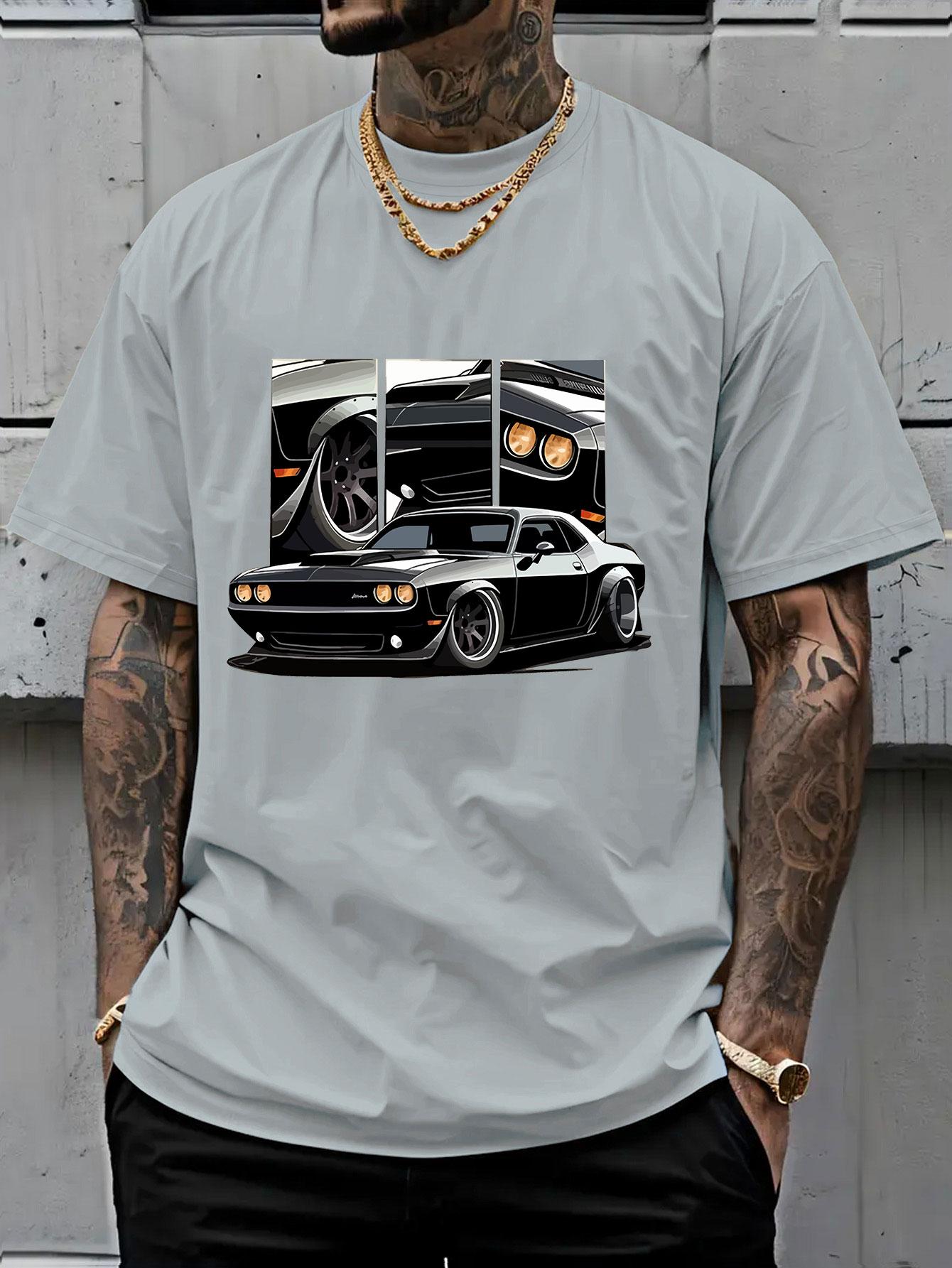 Men's Round Neck Short Sleeve T-Shirt, Summer Vintage Dodge Challenger Muscle Car Print, American Streetwear Loose Fit Top