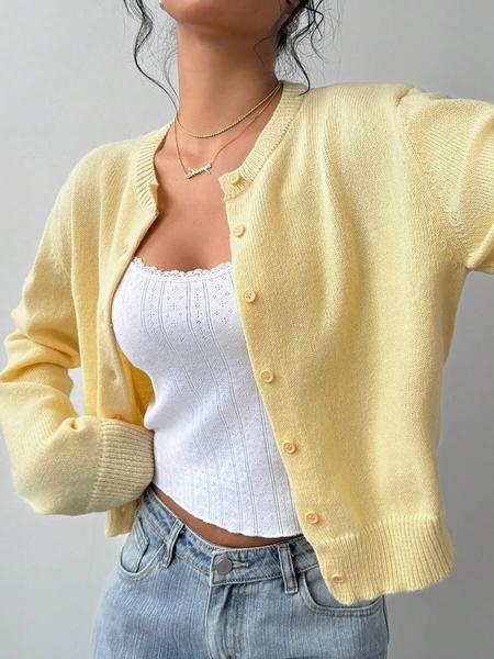 Women's Solid Color Button Front Sweater Cardigan, Casual Long Sleeve Knitwear for Fall & Winter, Women's Knit Clothing for Daily Wear