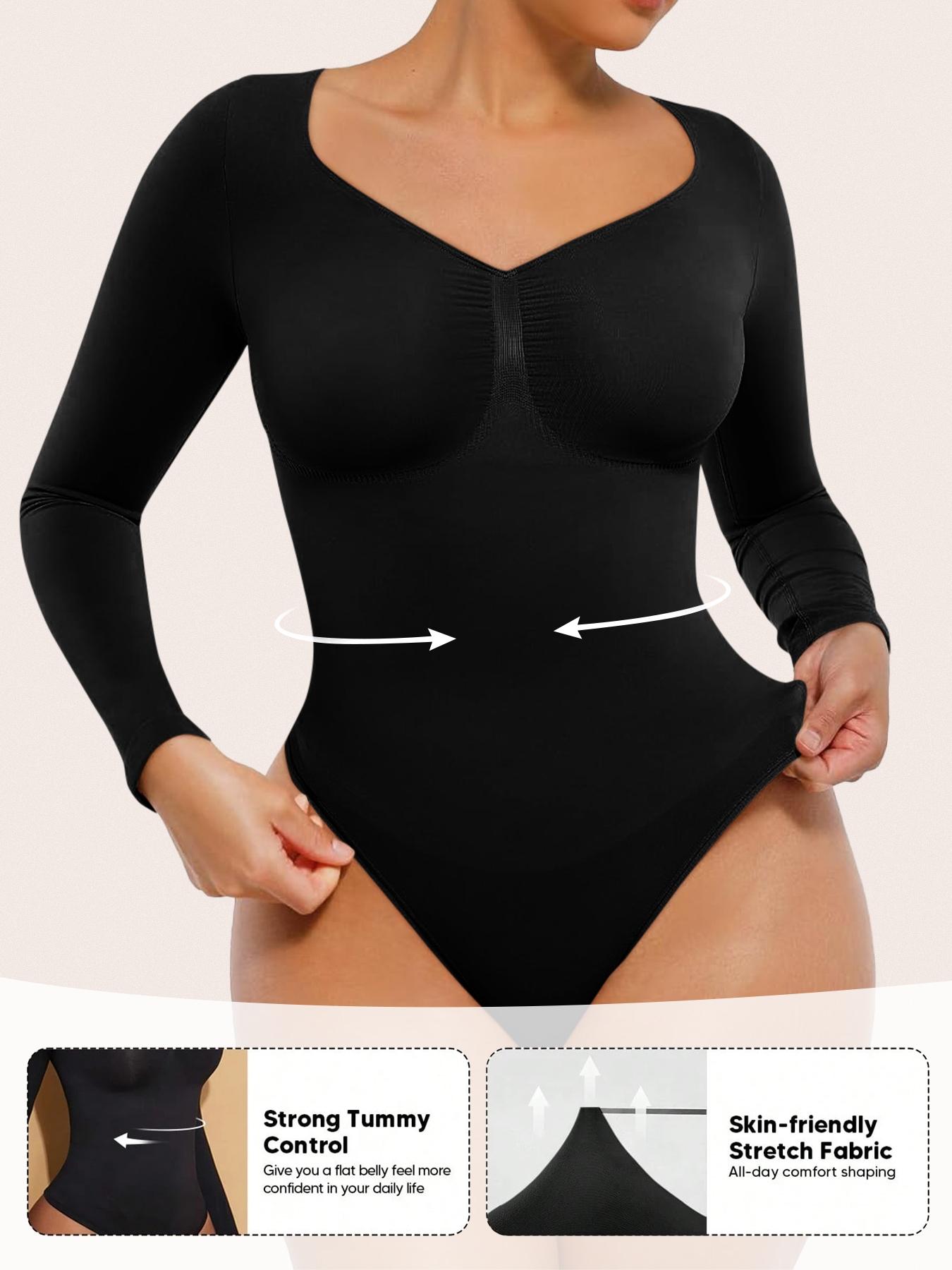 Women's Long Sleeve Shapewear Body Sculpting Compression Bodysuit, Minimalist Basic Tummy Control Seamless Bodysuits Thong V Neck Going Out Tops for Christmas Festival